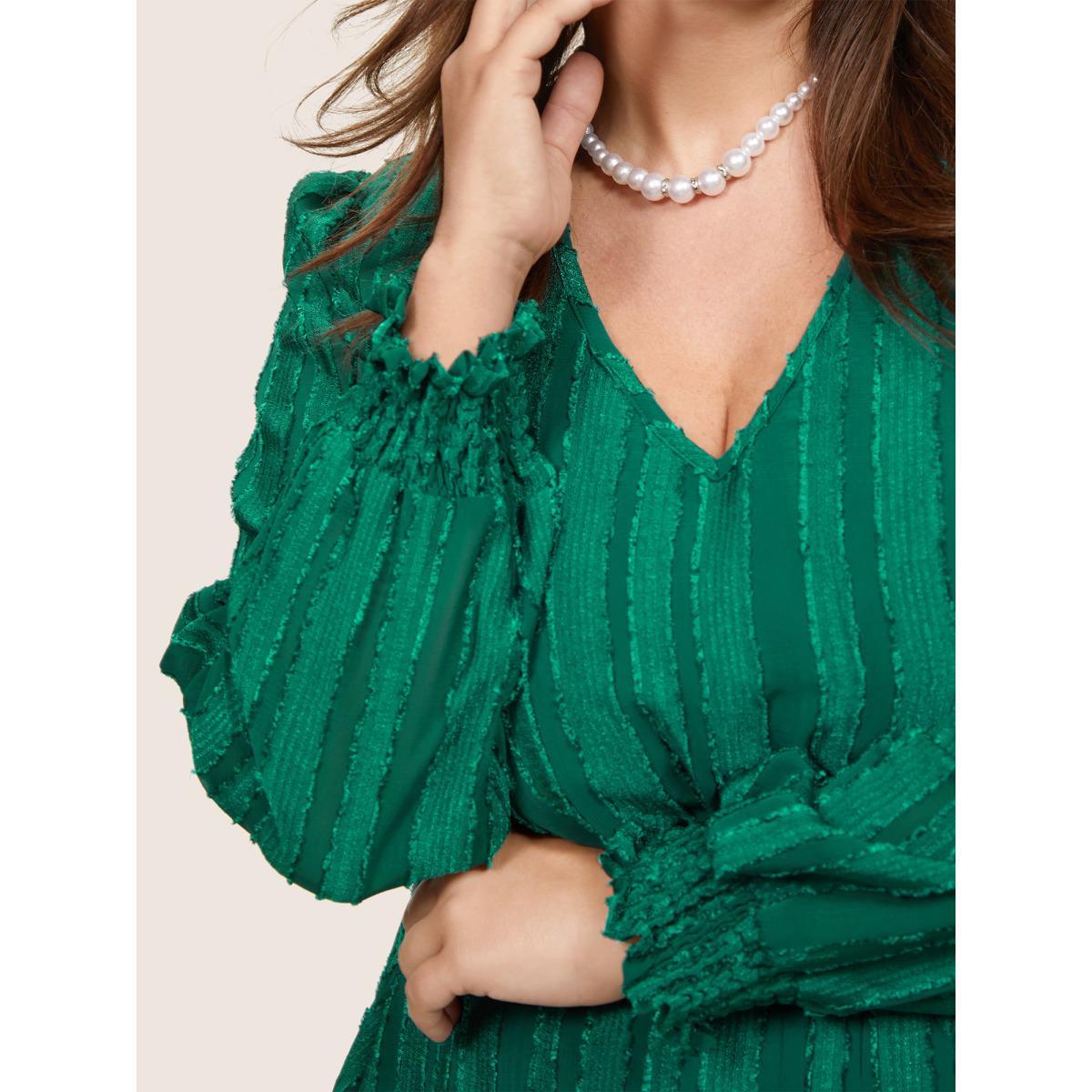 Plus Size Solid Lantern Sleeve Pocket Plisse Shirred Dress DarkGreen Women Party Texture V-neck Long Sleeve Curvy Midi Dress BloomChic 30/6X Product Image