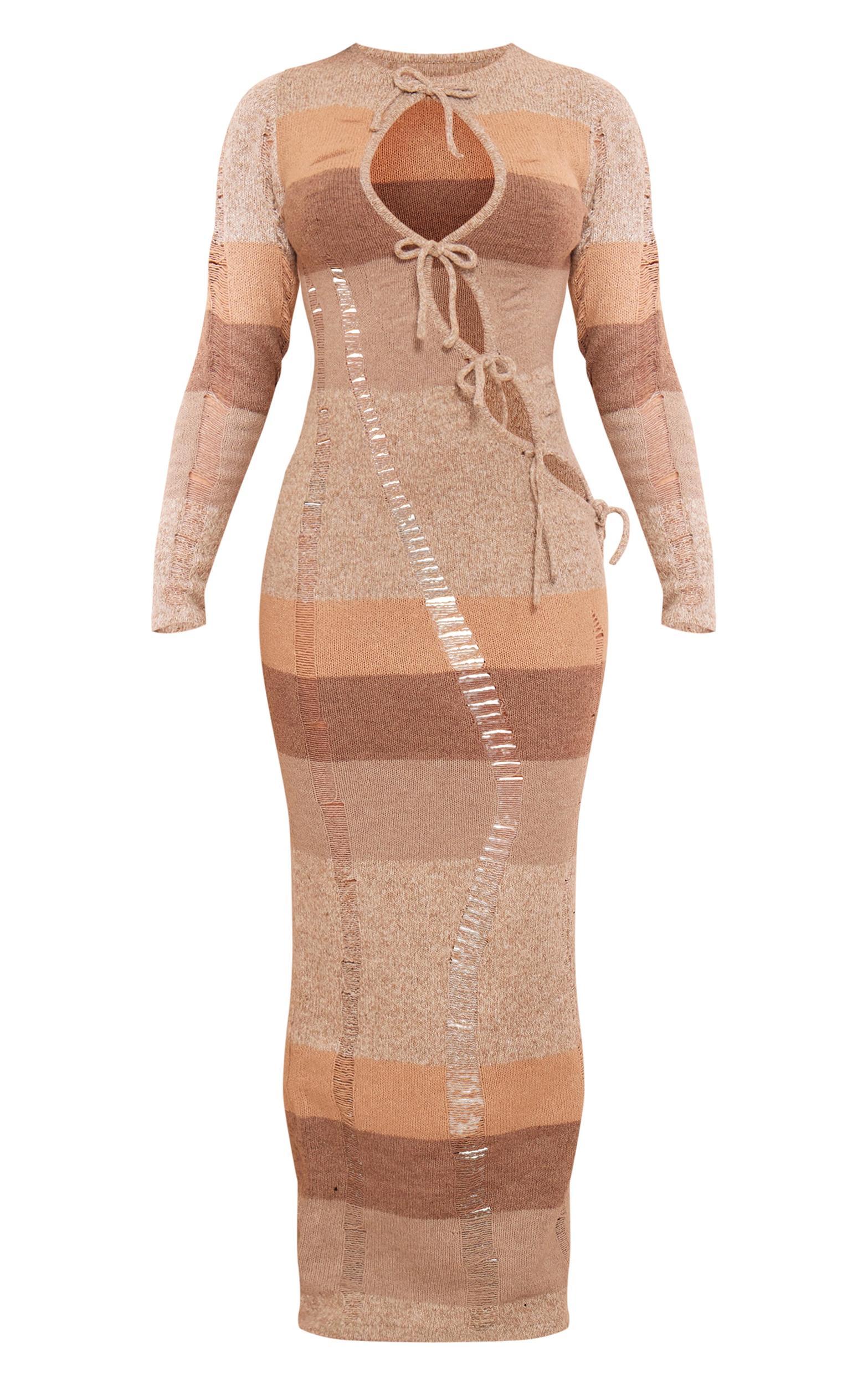 Mocha Tie Front Distressed Knit Maxi Dress Product Image