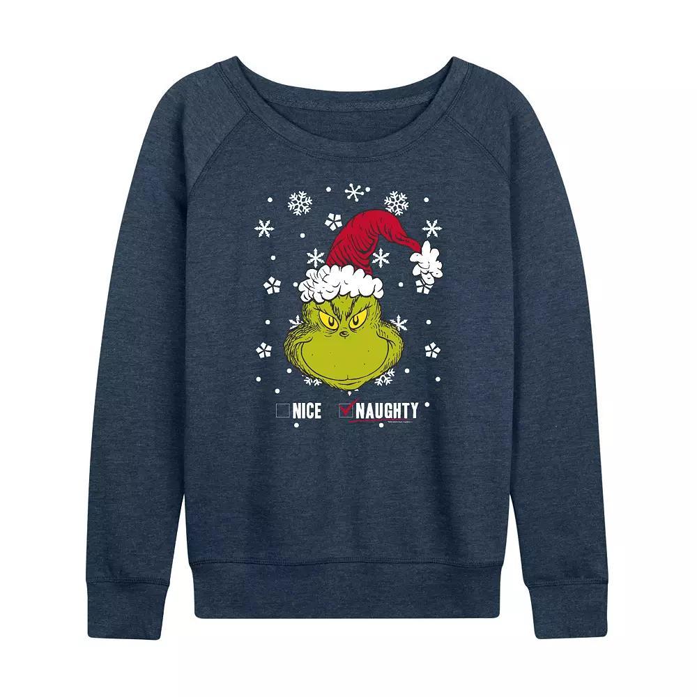 Women's Dr. Seuss The Grinch Naughty Or Nice French Terry Long Sleeve Tee, Girl's, Size: Large, Grey Indigo Product Image