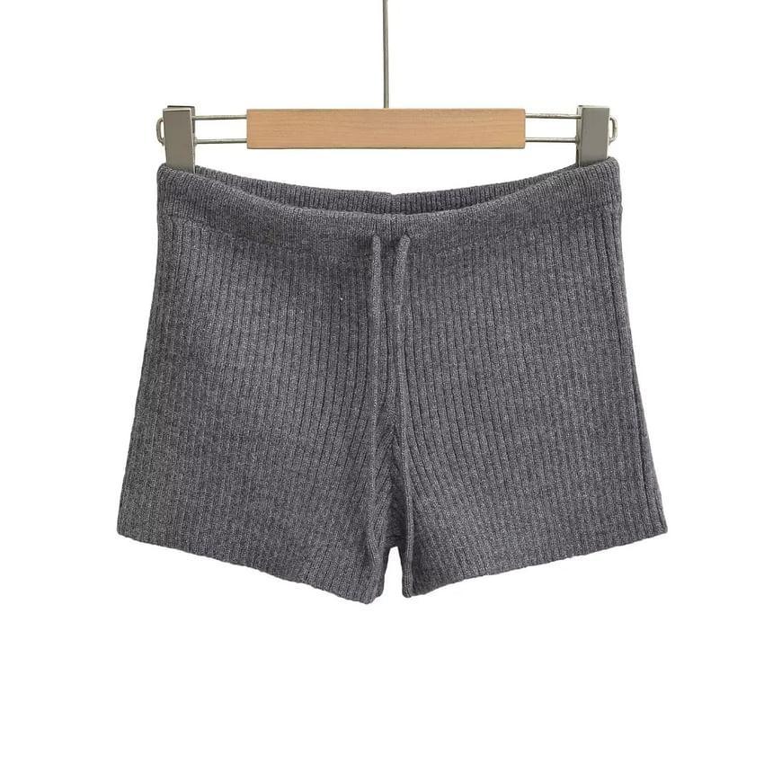 High Waist Plain Ribbed Knit Shorts Product Image