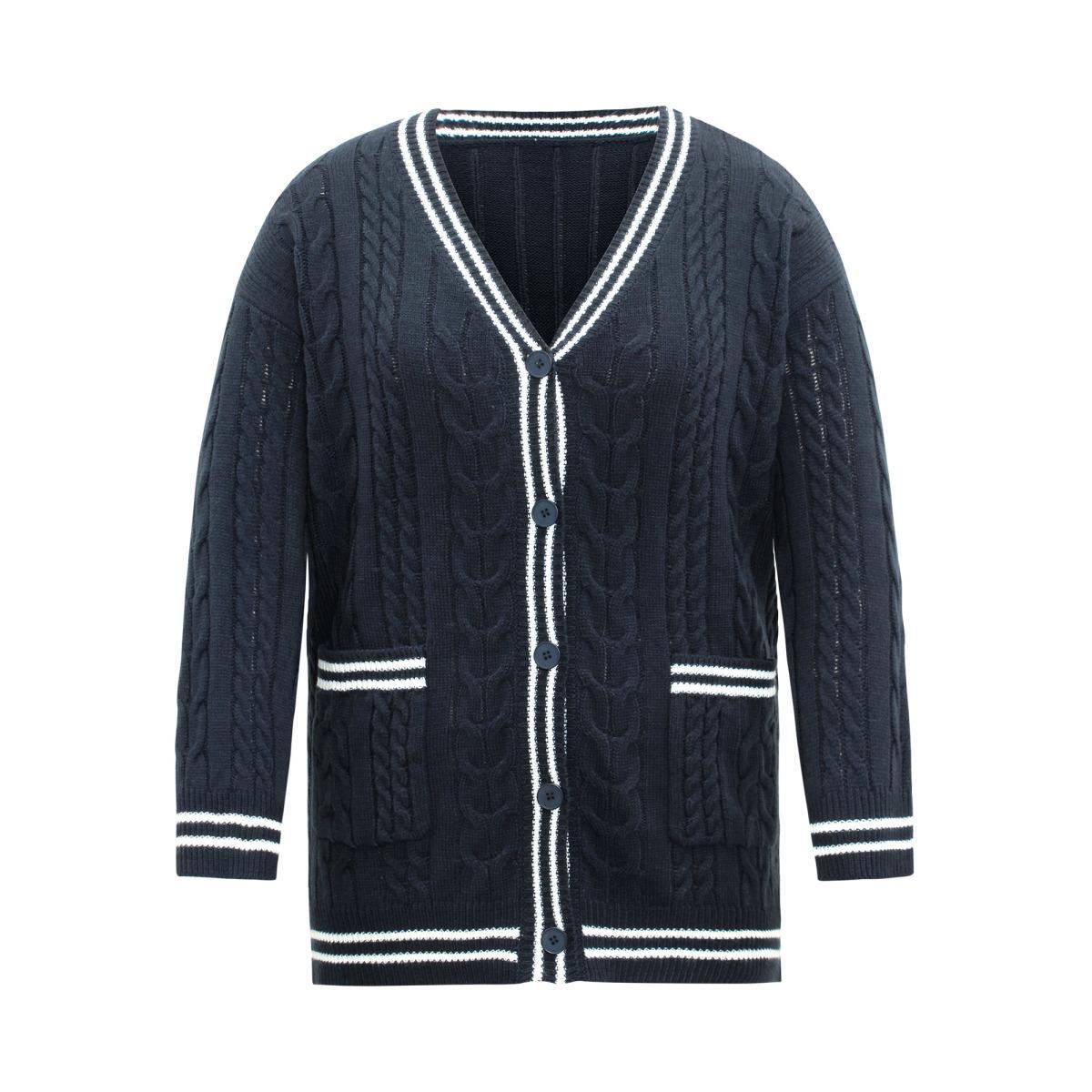 Plus Size Cable Knit Contrast Striped Button Through Cardigan Midnight Women Casual Loose Long Sleeve Dailywear Cardigans BloomChic 30/6X Product Image