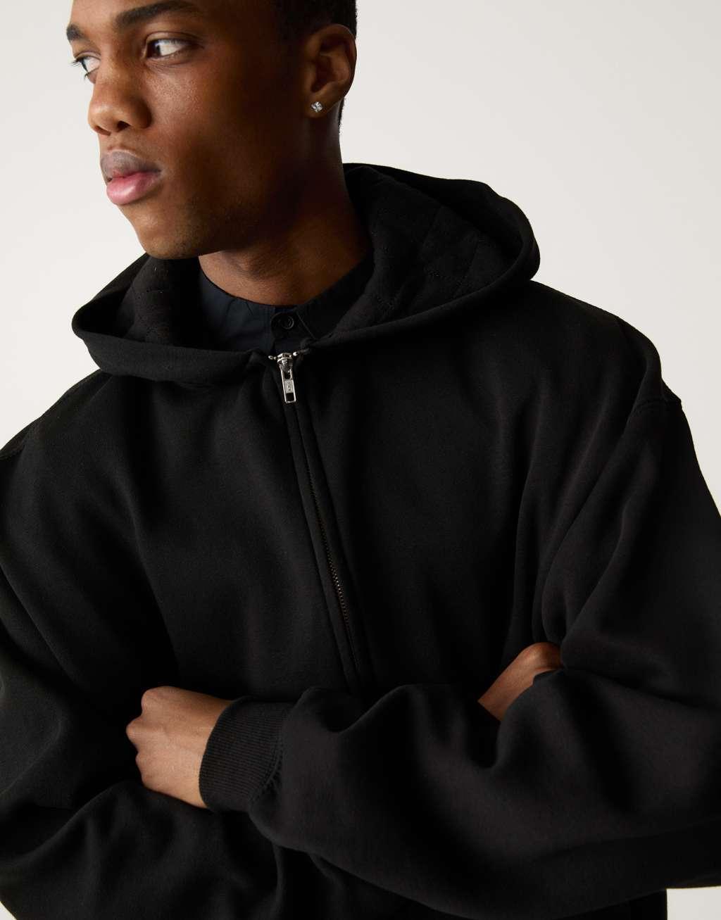 Pull&Bear zip through boxy fit hoodie in black Product Image
