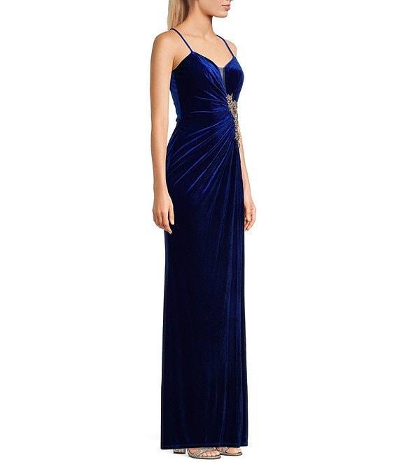 City Vibe Spaghetti Straps Ruched Rhinestone Long Slim Dress Product Image