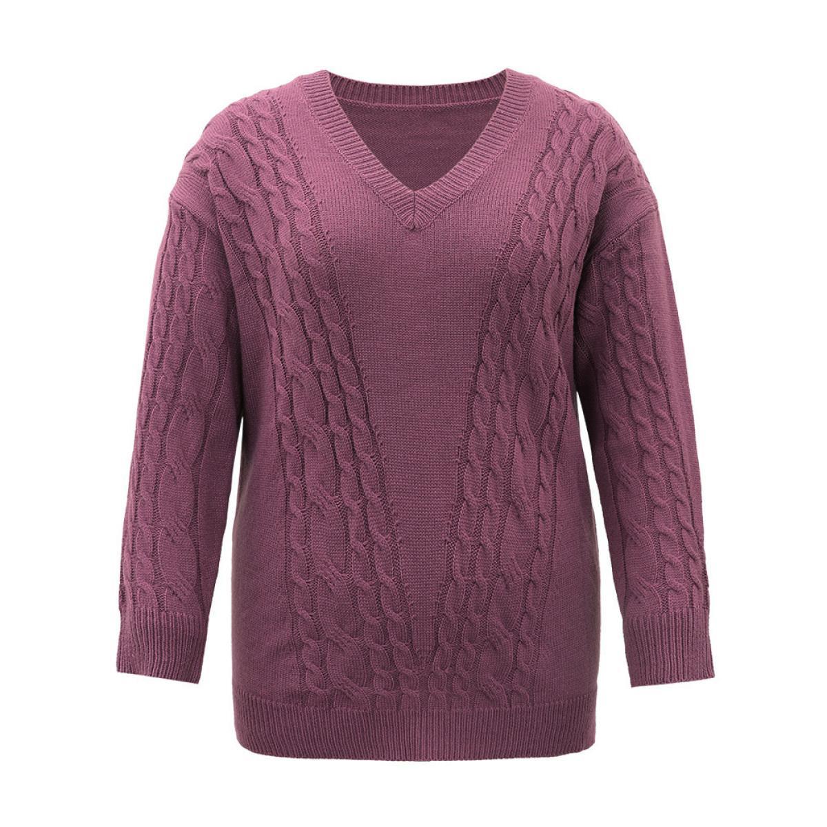 Plus Size Solid Cable Knit V Neck Split Side Pullover Mauve Women Casual Loose Long Sleeve V-neck Everyday Pullovers BloomChic 22-24/3X Product Image