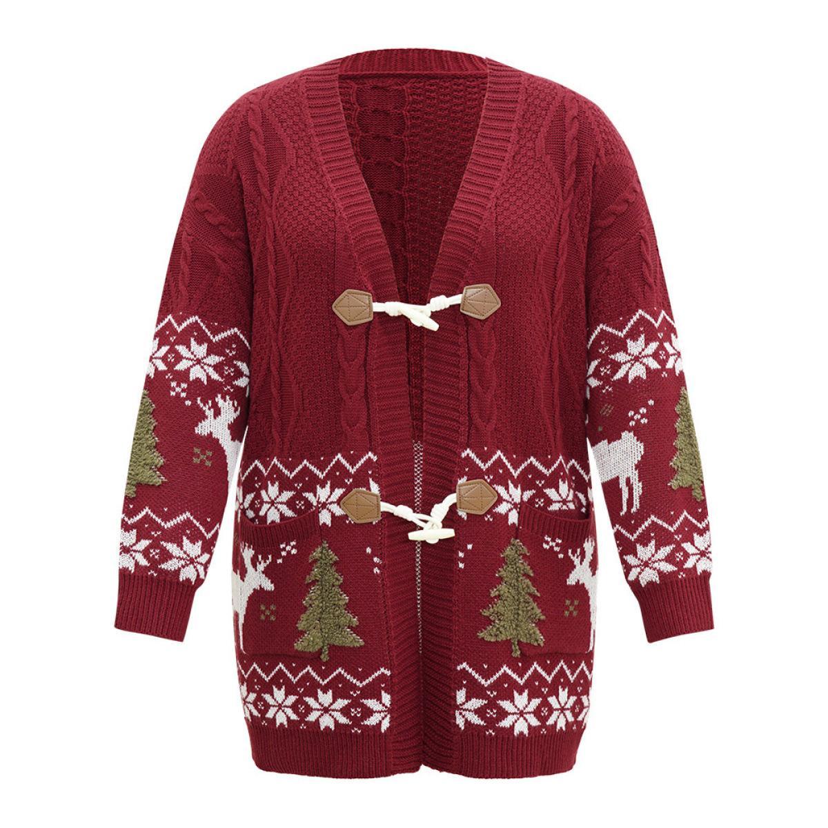Plus Size Christmas Duffle Button Cable Knit Pocket Cardigan Scarlet Women Casual Loose Long Sleeve Festival-Halloween Cardigans BloomChic 12/L Product Image