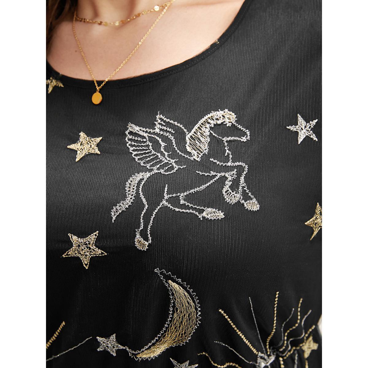 Plus Size Moon And Star Pocket Lantern Sleeve Embroidered Mesh Dress Black Women Party Round Neck Long Sleeve Curvy Long Dress BloomChic 12/L Product Image