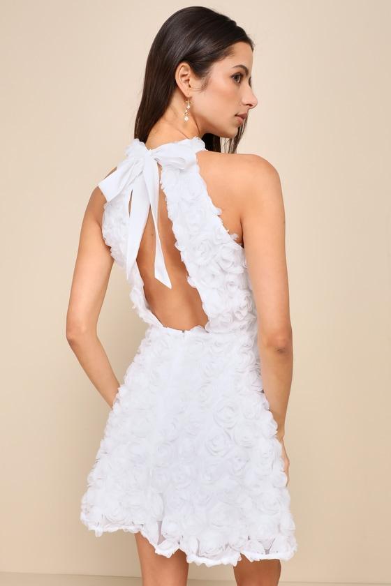 Beloved Blossoming White 3D Floral Halter Backless Mini Dress Product Image