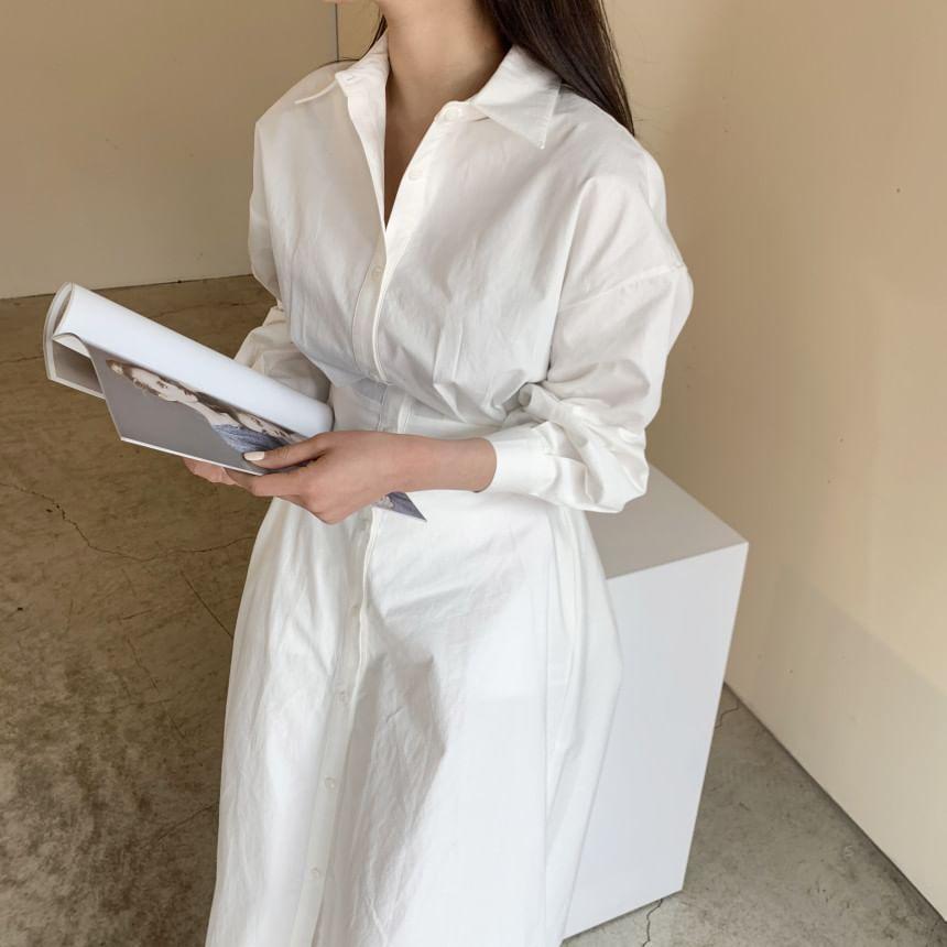 Long-Sleeve Plain Midi A-Line Shirt Dress Product Image