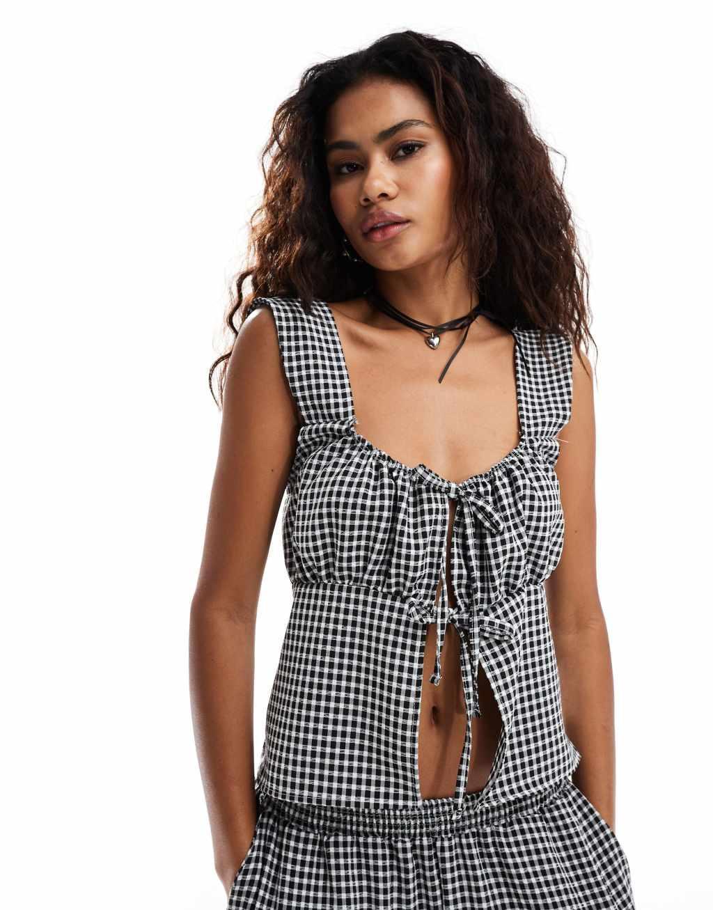 Reclaimed Vintage split front top in gingham Product Image