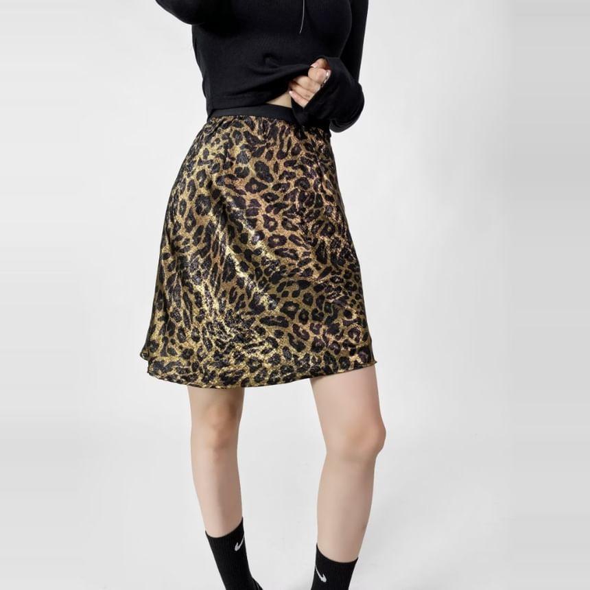 High Rise Leopard Print A-Line Mini Skirt Product Image