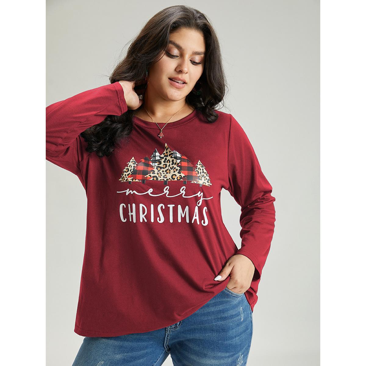 Plus Size Christmas Trees Letter Print Round Neck T-shirt Raspberry Women Casual Printed Christmas Festival-Christmas T-shirts BloomChic 26/4X Product Image