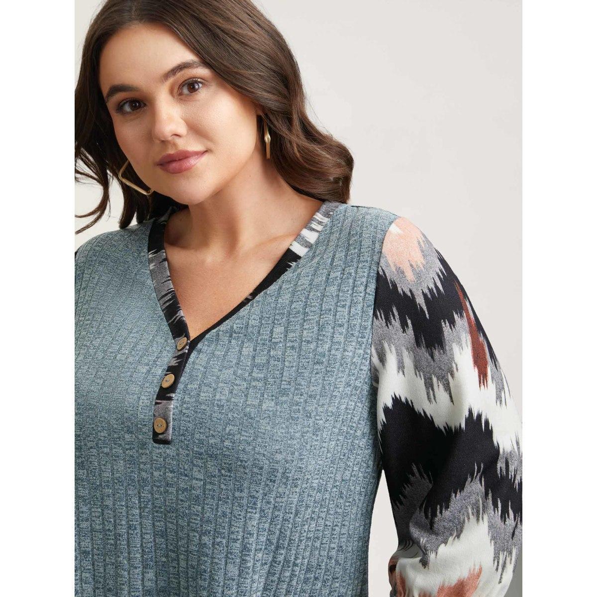 Plus Size Textured Spliced V-Neck T-Shirt Cerulean Women Casual Texture Polo Everyday T-shirts BloomChic 28/5X Product Image