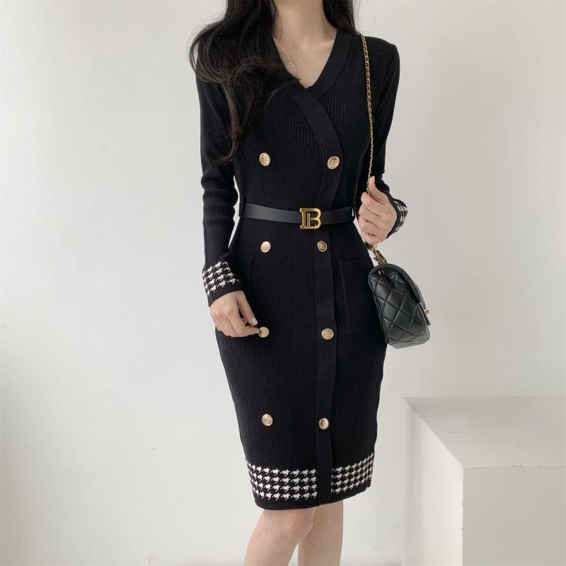 Long-Sleeve V-Neck Double Breasted Plaid Panel Knit Sheath Dress Product Image