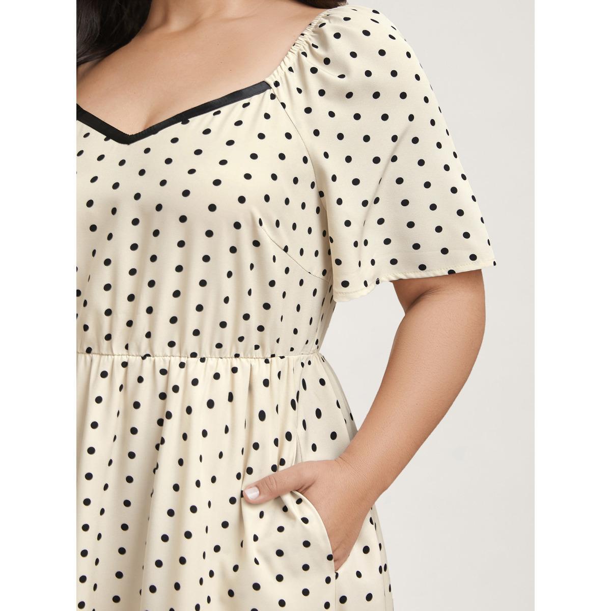 Plus Size Dot Print Sweetheart Neck Tiered Maxi Dress Apricot Women Elegant Woven ribbon&lace trim Heart neckline Short sleeve Curvy BloomChic 12/L Product Image