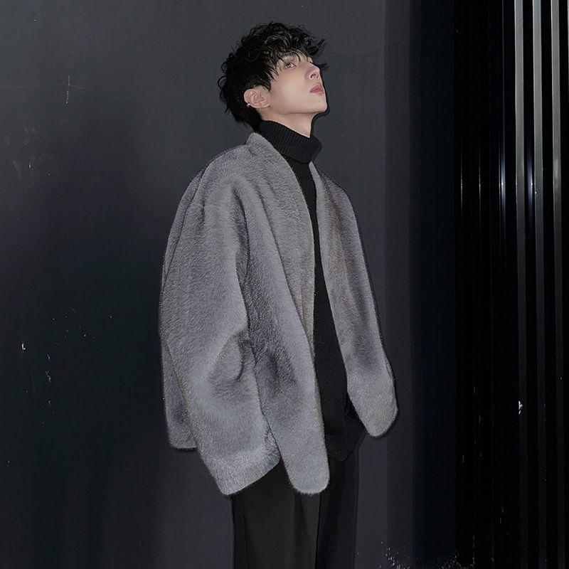 V-Neck Plain Faux Fur Open Front Jacket Product Image