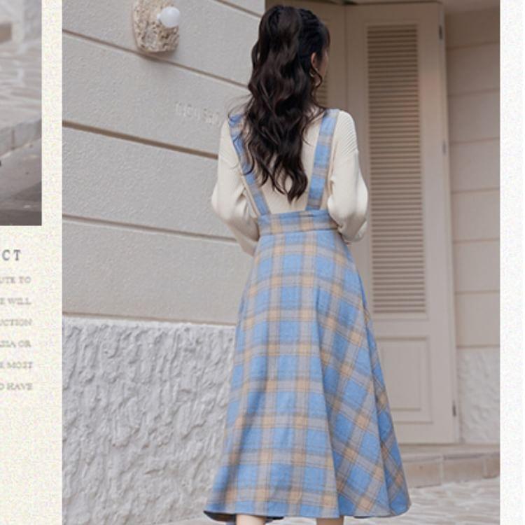 Set: Mock Neck Plain Ribbed Sweater + Plaid Midi A-Line Suspender Skirt Product Image
