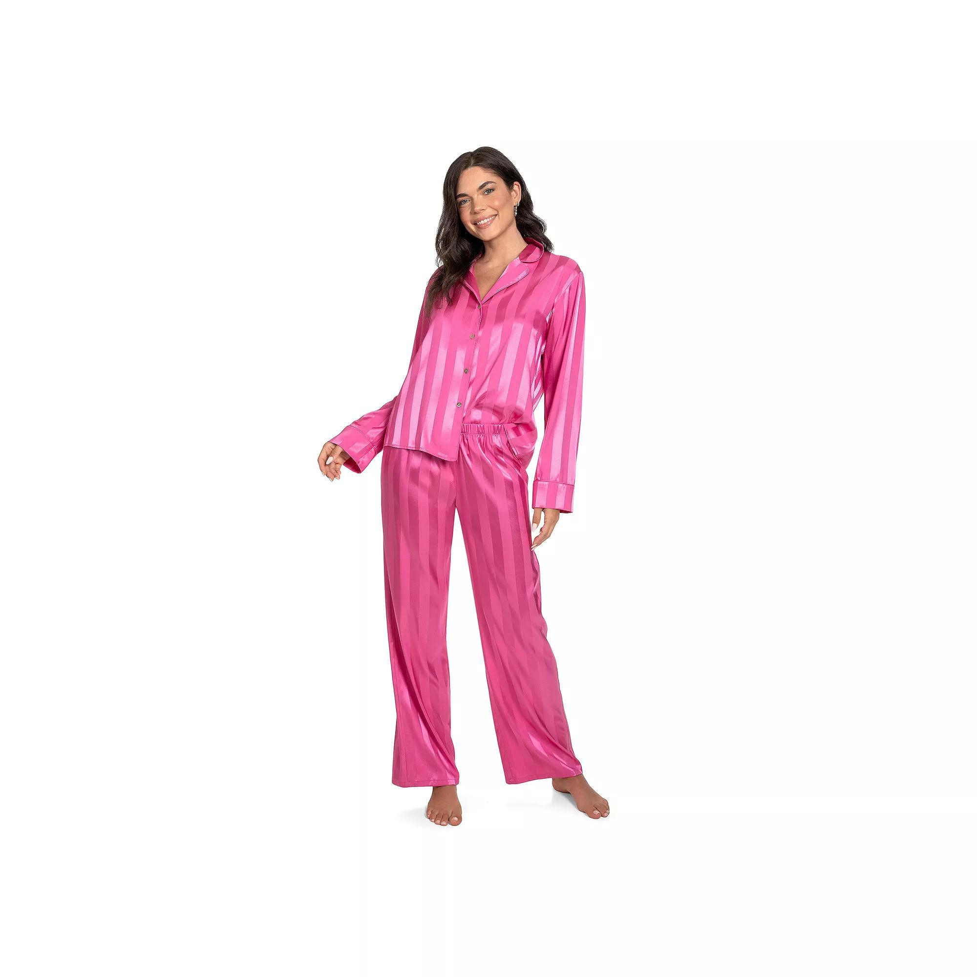 Women's Lilac+London Long Satin Notch Collar Pajama Top & Pajama Bottoms Set, Size: XXL LONG, Red Product Image