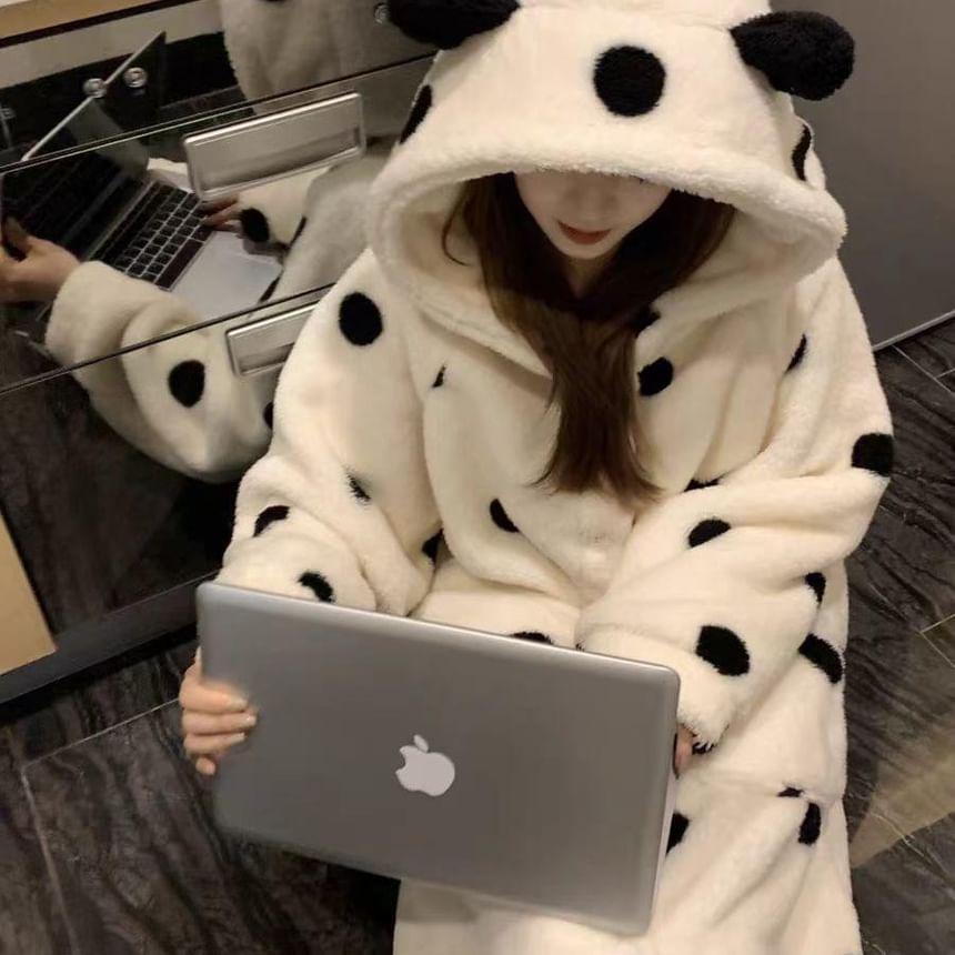 Dotted Hooded Button-Up Fleece Pajama Robe / Pants / Set Product Image