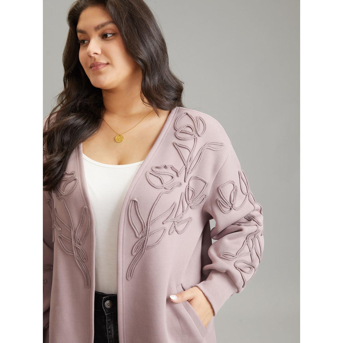 Plus Size Stereo Flower Design Rib Knit Jacket Women Rouge Texture Pocket Everyday Jackets BloomChic 10/M Product Image