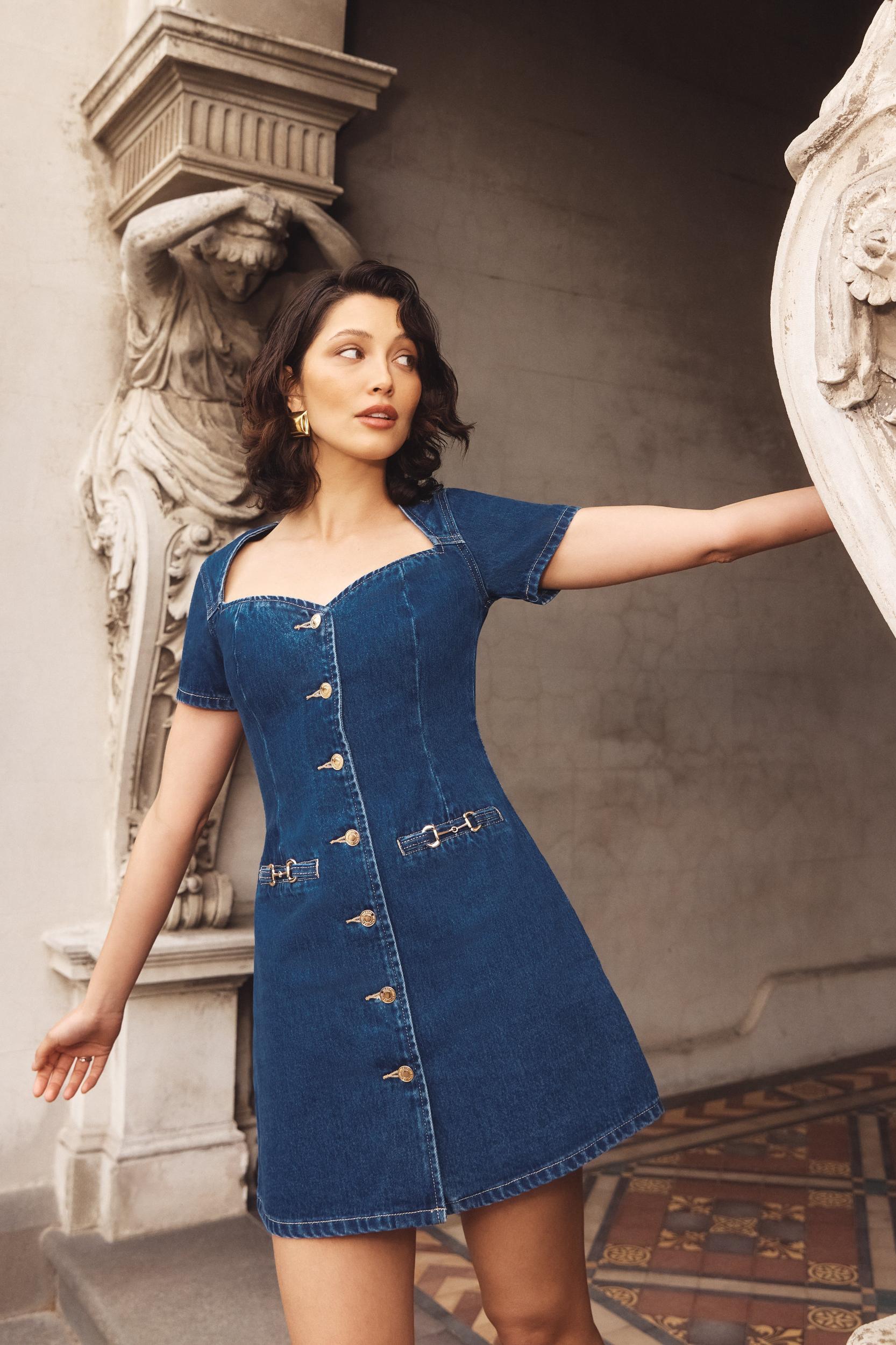 Monica Sweetheart Denim Mini Dress - Dark Blue Product Image