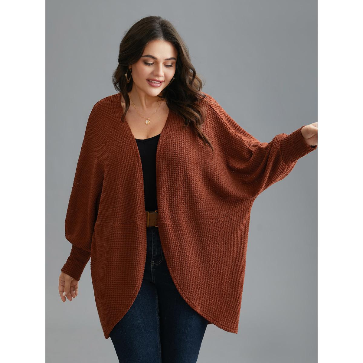 Plus Size Textured Curved Hem Lantern Sleeve Cardigan Women Russet Casual Texture Loose Everyday Kimonos BloomChic 14-16/1X Product Image