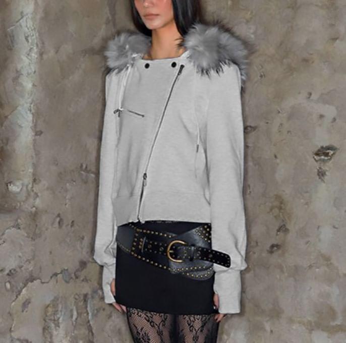 Long Sleeve Plain Furry-Trim Zip-Up Jacket Product Image