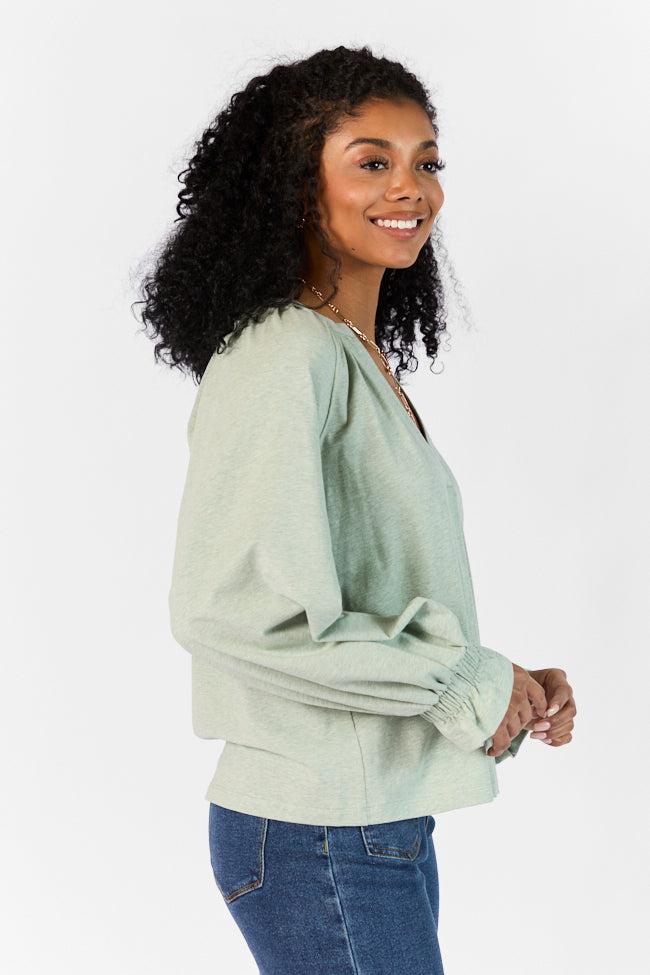 Simply You Sage Knit Notched Neck Long Sleeve Blouse FINAL SALE Product Image