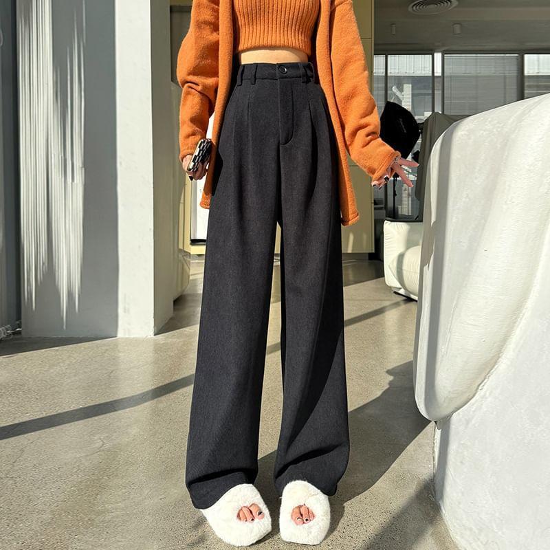High Waist Plain Pleated Fleece-Lined Corduroy Wide Leg Pants Product Image