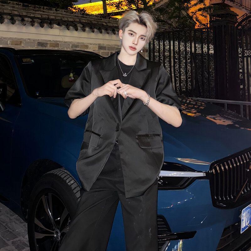 Short-Sleeve Peak Lapel Plain Single-Button Blazer Product Image