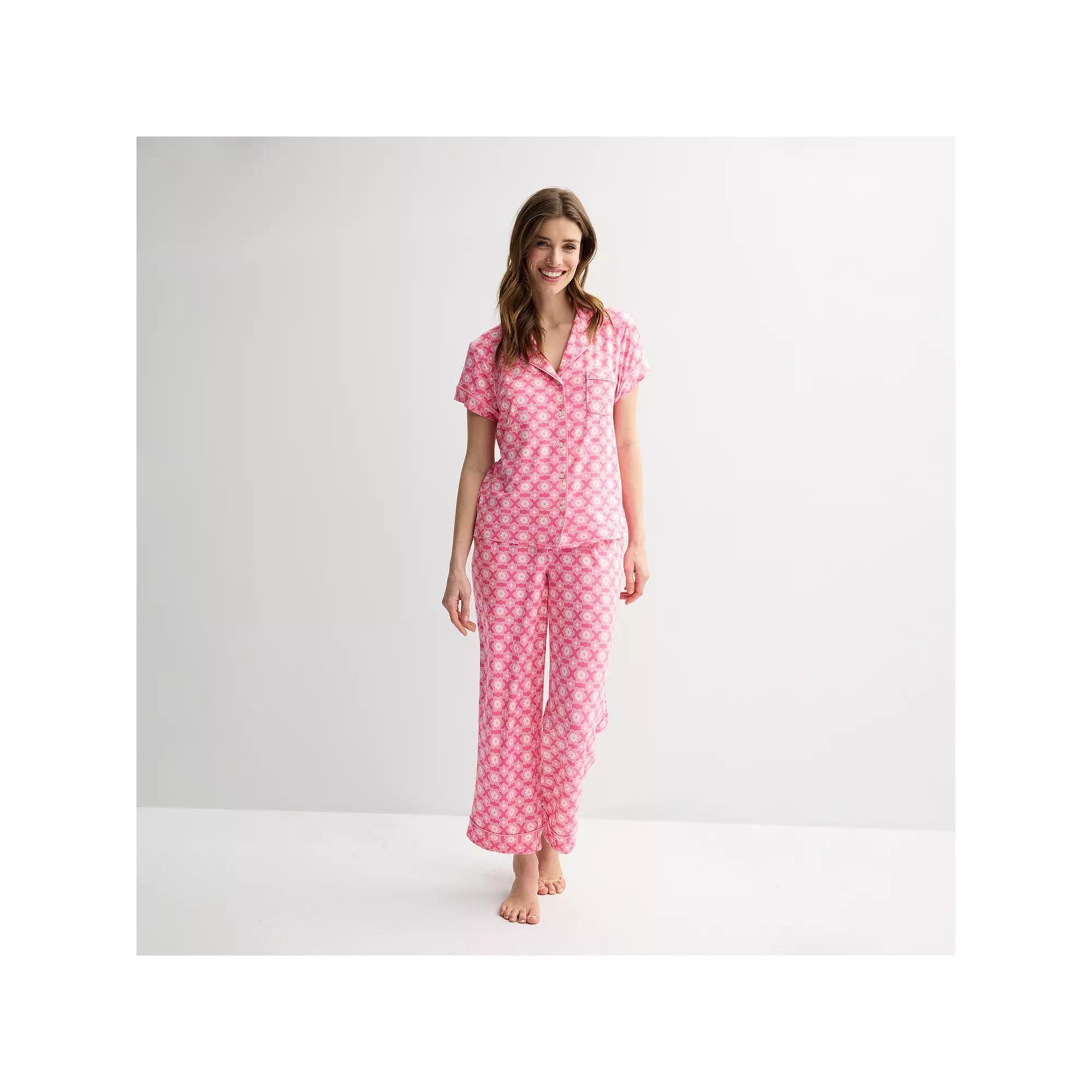 Women's Draper James 2-Piece Printed Cozy Short Sleeve Notch Collar Pajama Top & Pajama Pants Set, Size: XXL, Aurora Pink Geo Product Image