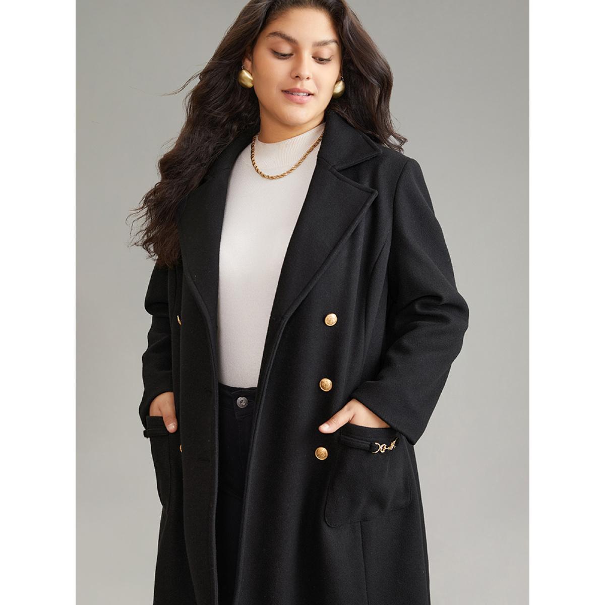 Plus Size Lapel Collar Pocket Chain Buckle Detail Coat Women Black Casual Lined Ladies Dailywear Winter Coats BloomChic 22-24/3X Product Image