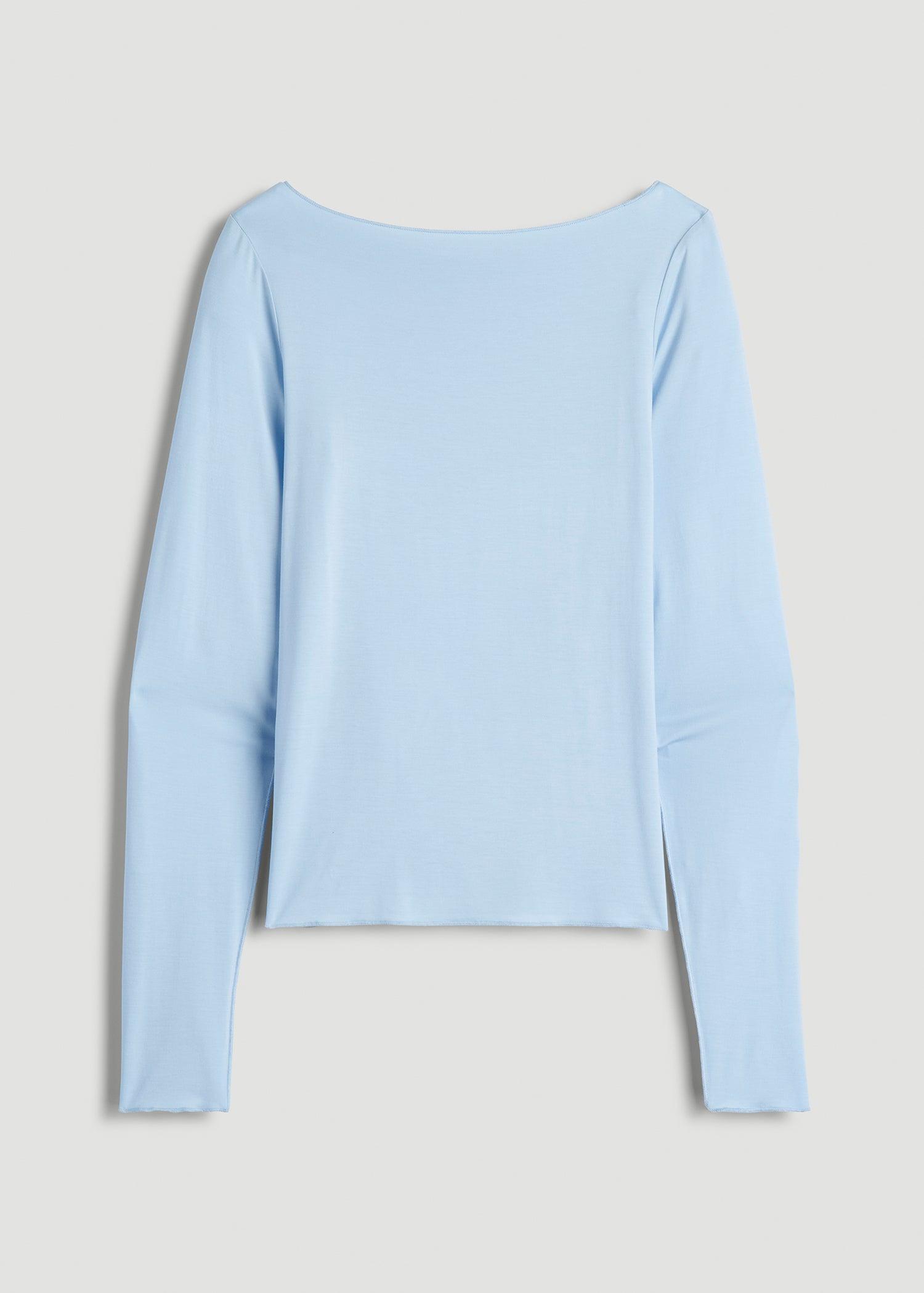 Boatneck Long Sleeve Exposed Seam Top for Tall Women in Ice Blue Product Image