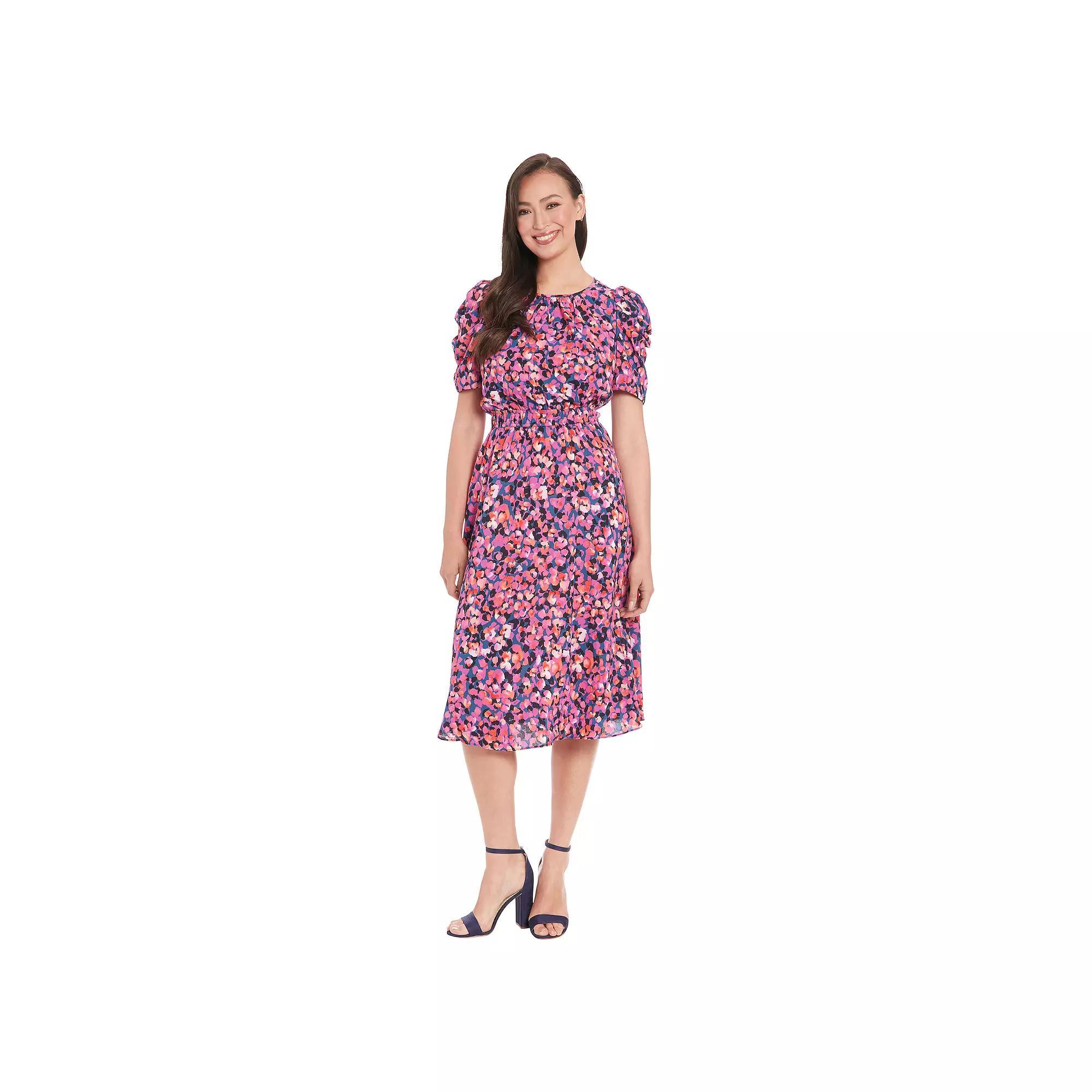 Womens London Times Ruched Sleeve and Elastic Waistband Midi Dress Product Image