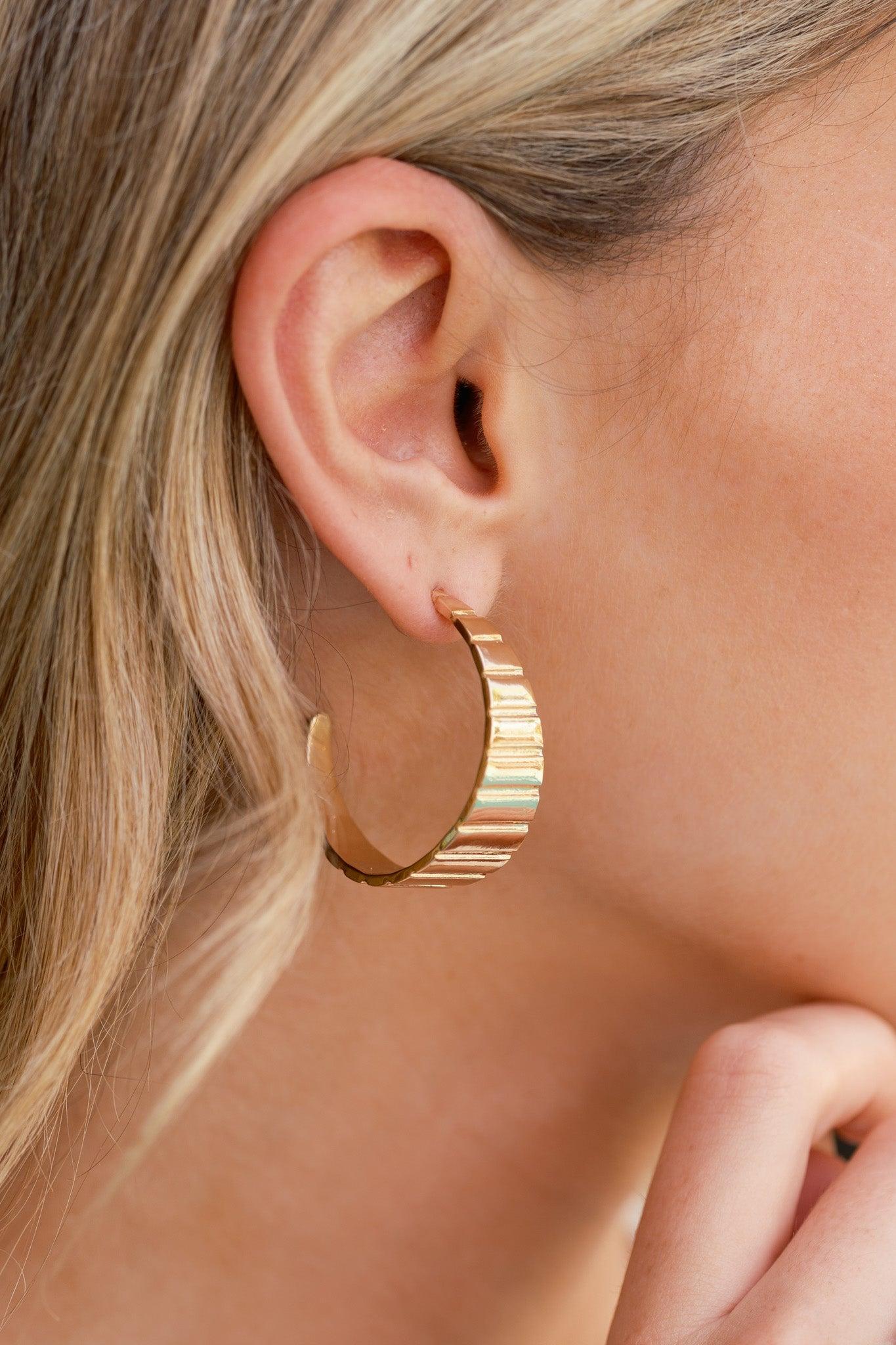 Ready For The Day Gold Ribbed Hoop Earrings Product Image