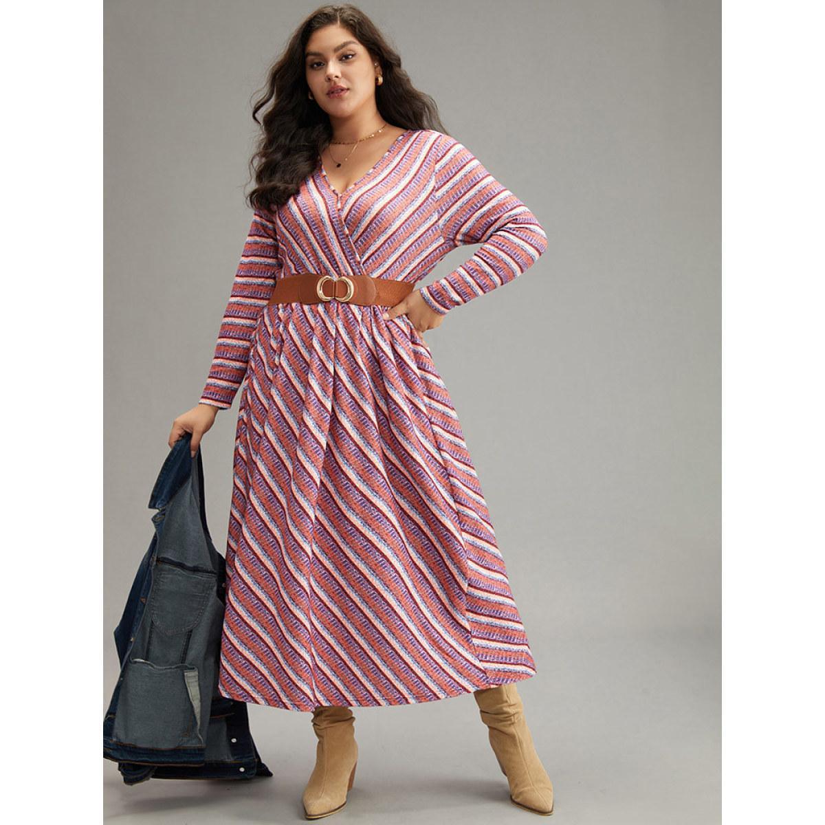 Plus Size Striped Elastic Waist Gathered Dress DustyPink Women Casual Printed V-neck Long Sleeve Curvy Midi Dress BloomChic 12/L Product Image