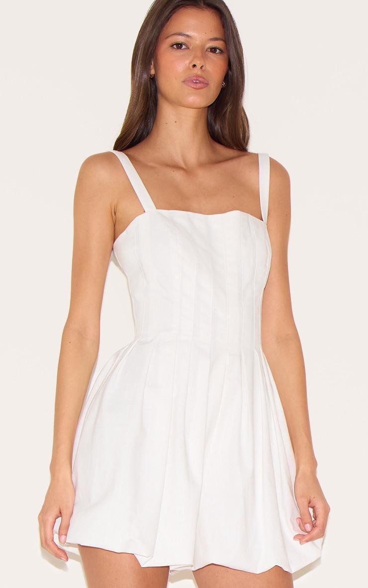 White Twill Pleated Puffball Romper Product Image