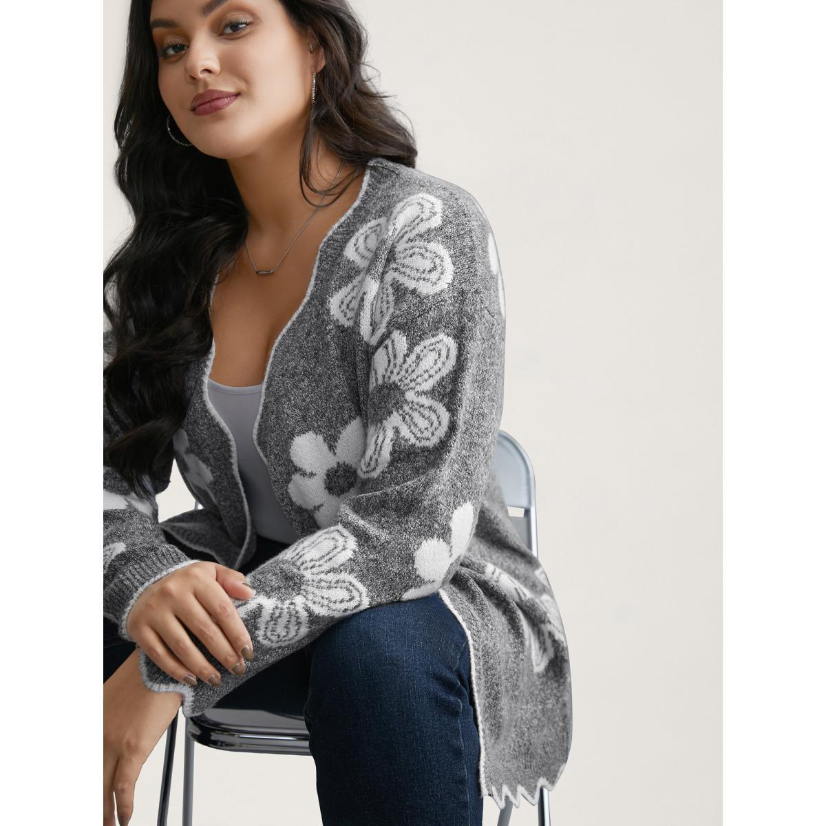 Plus Size Floral Pattern Open-Front Knitted Cardigan DarkGray Women Casual Loose Long Sleeve Everyday Cardigans BloomChic 26/4X Product Image