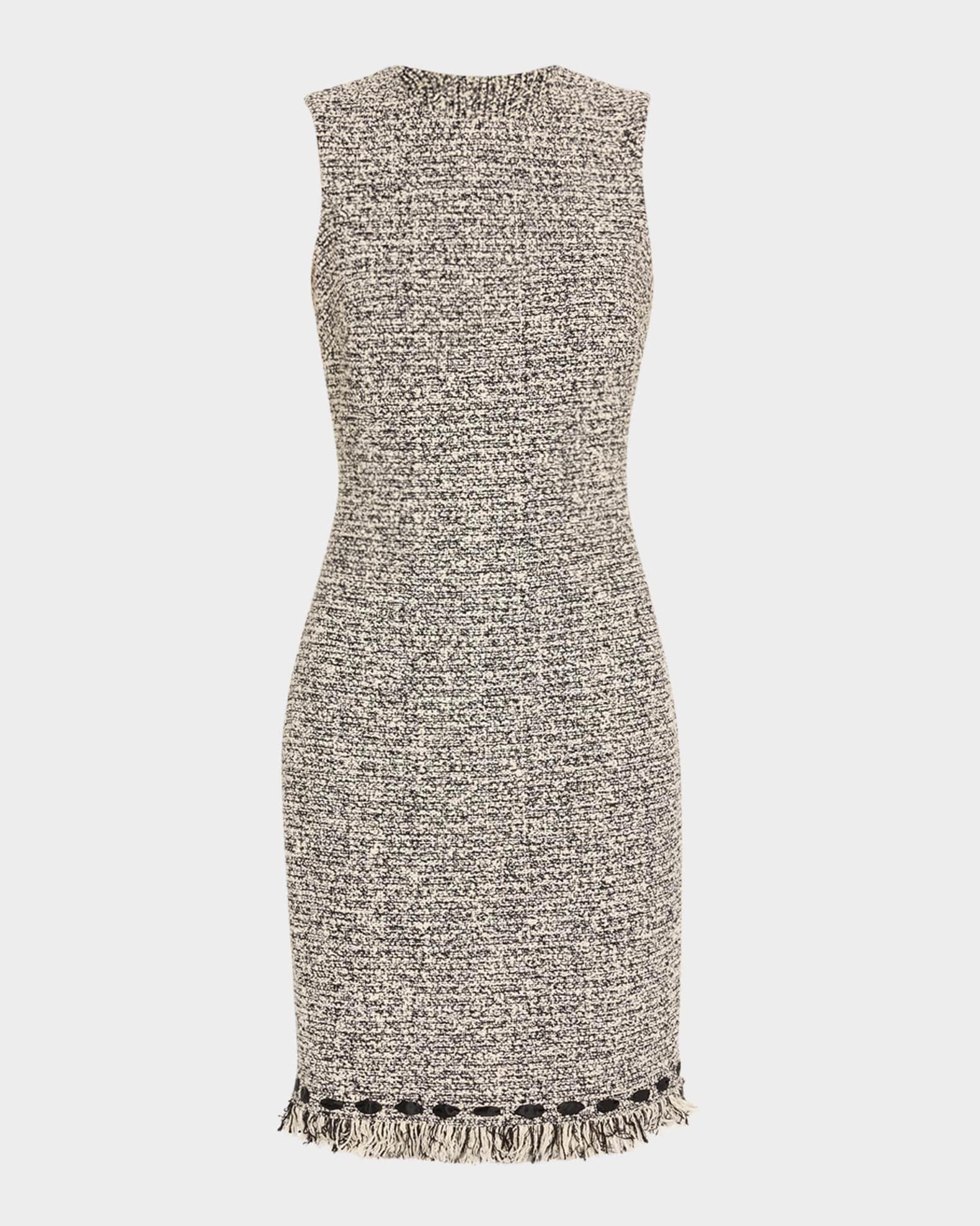 Ribbon-Trim Fringed Tweed Dress Product Image