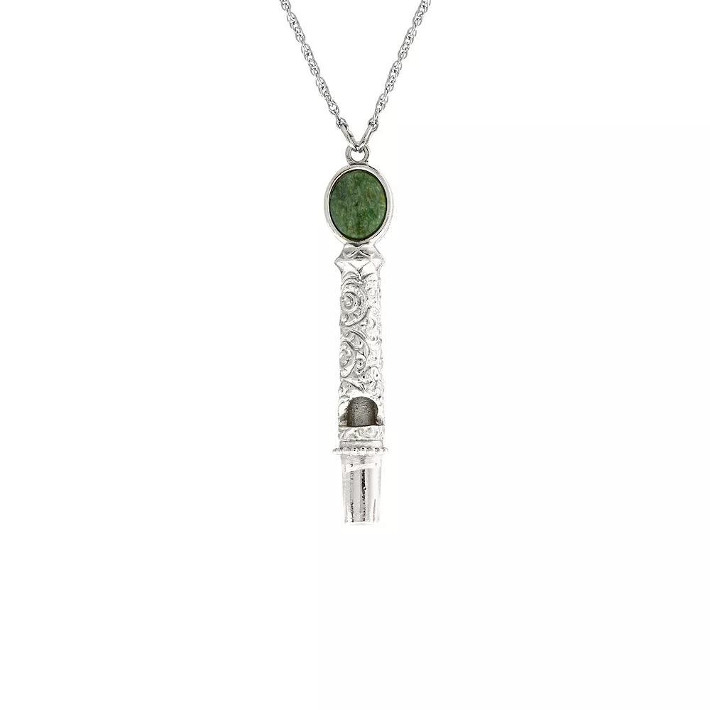 1928 Silver Tone Jade Accent Filigree Whistle Pendant Necklace, Womens, Green Product Image