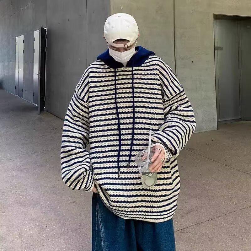 Striped Drawstring Knit Hoodie Product Image