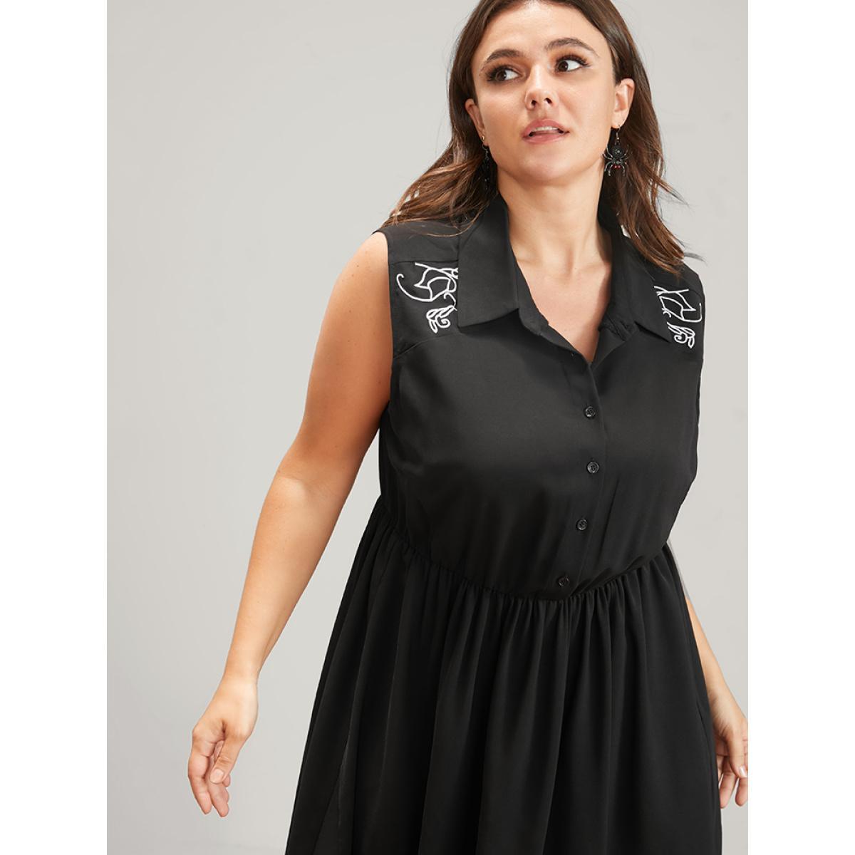 Plus Size Halloween Button Sleeveless Shirt Collar Knee Dress Black Women Elegant Embroidered Shirt collar Sleeveless Curvy Knee Dress BloomChic 12/L Product Image
