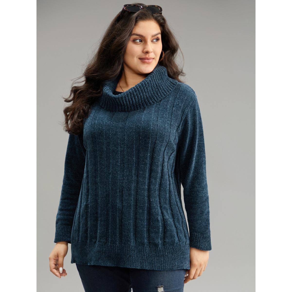 Plus Size Turtle Neck Plain Rib Knit Pullover Cyan Women Casual Long Sleeve Lapel Collar Dailywear Pullovers BloomChic 12/L Product Image