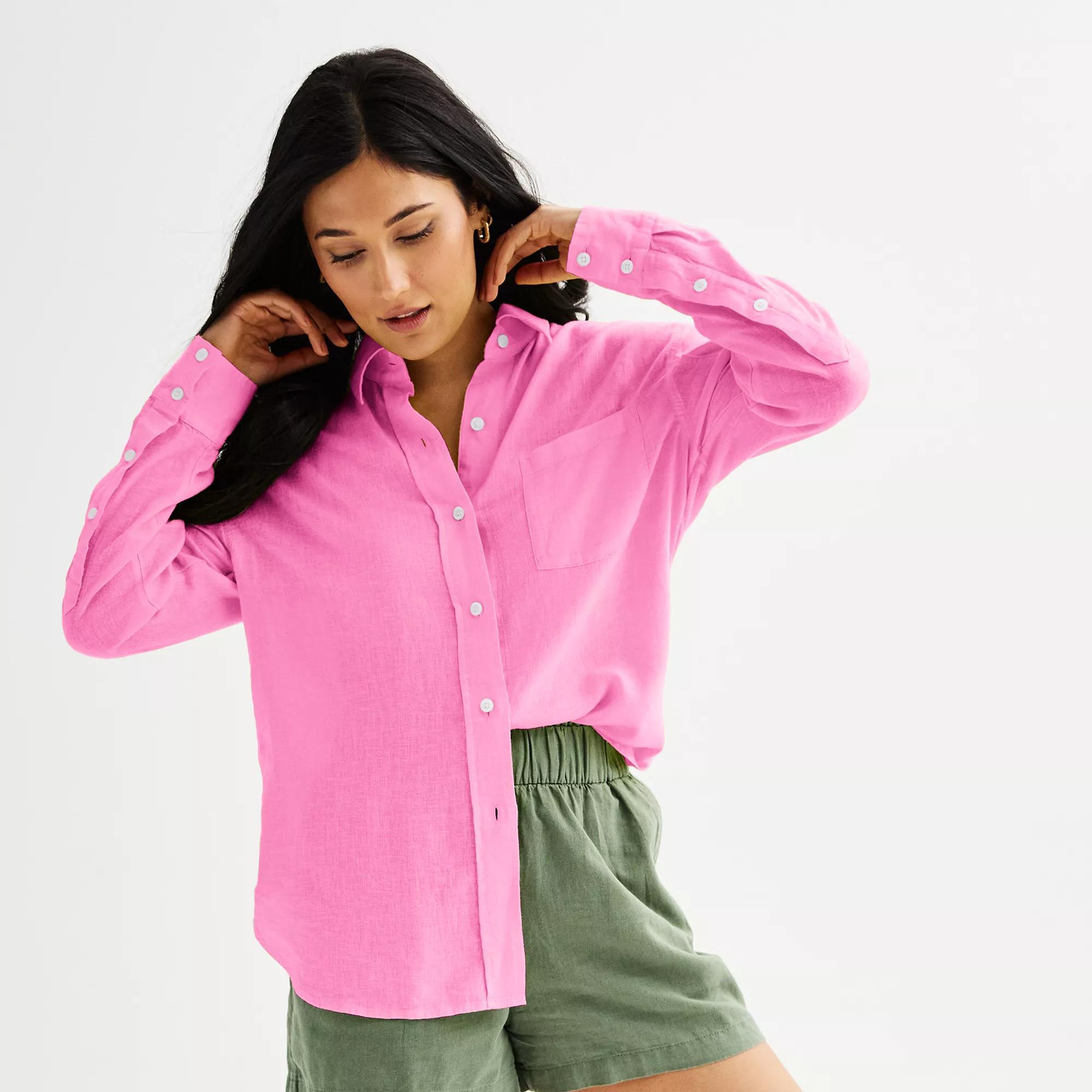 Petite Sonoma Goods For Life® Linen Boyfriend Shirt, Women's, Size: Large Petite, Pink Sandal Product Image