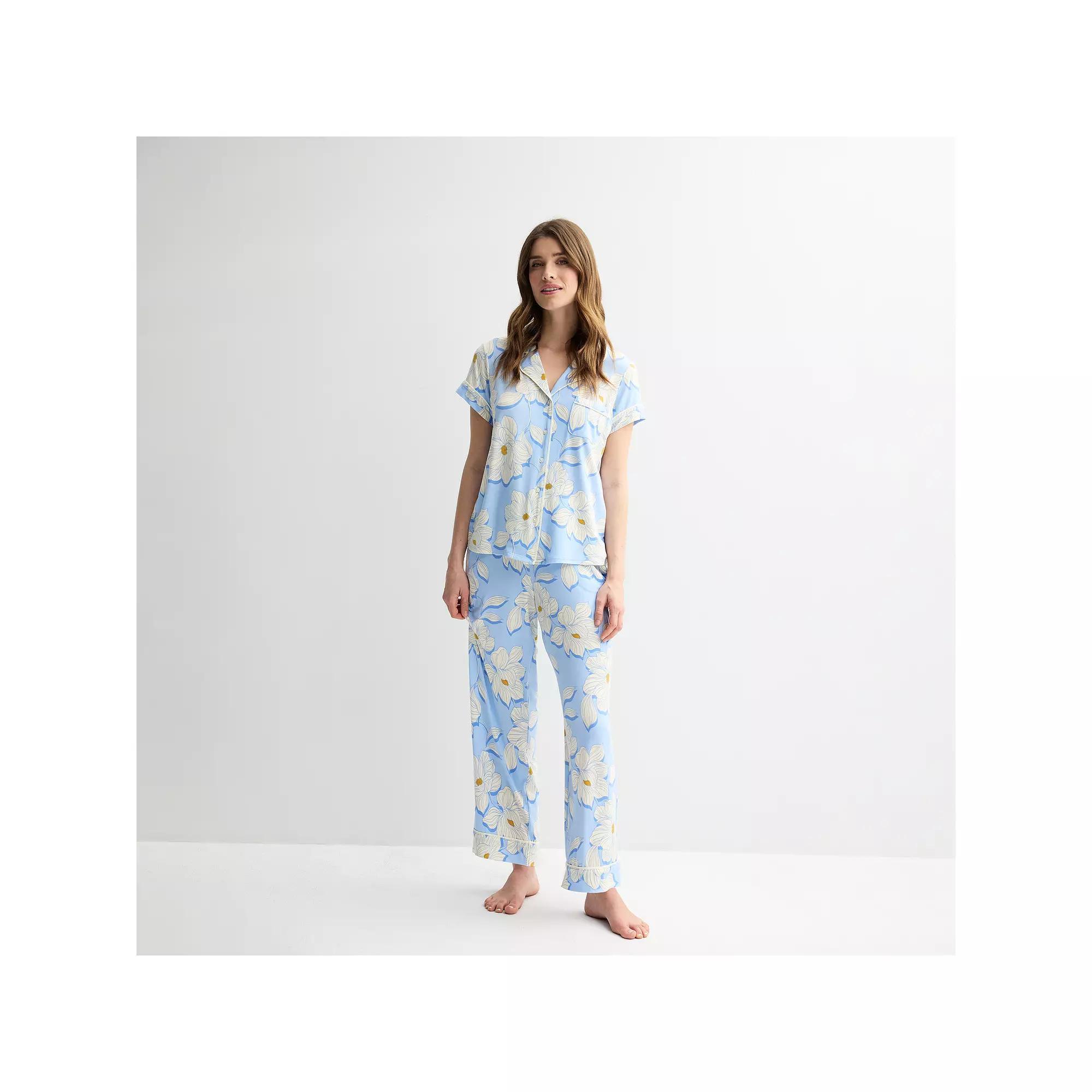 Women's Draper James 2-Piece Printed Cozy Short Sleeve Notch Collar Pajama Top & Pajama Pants Set, Size: Small, Magnolia Shadows Product Image
