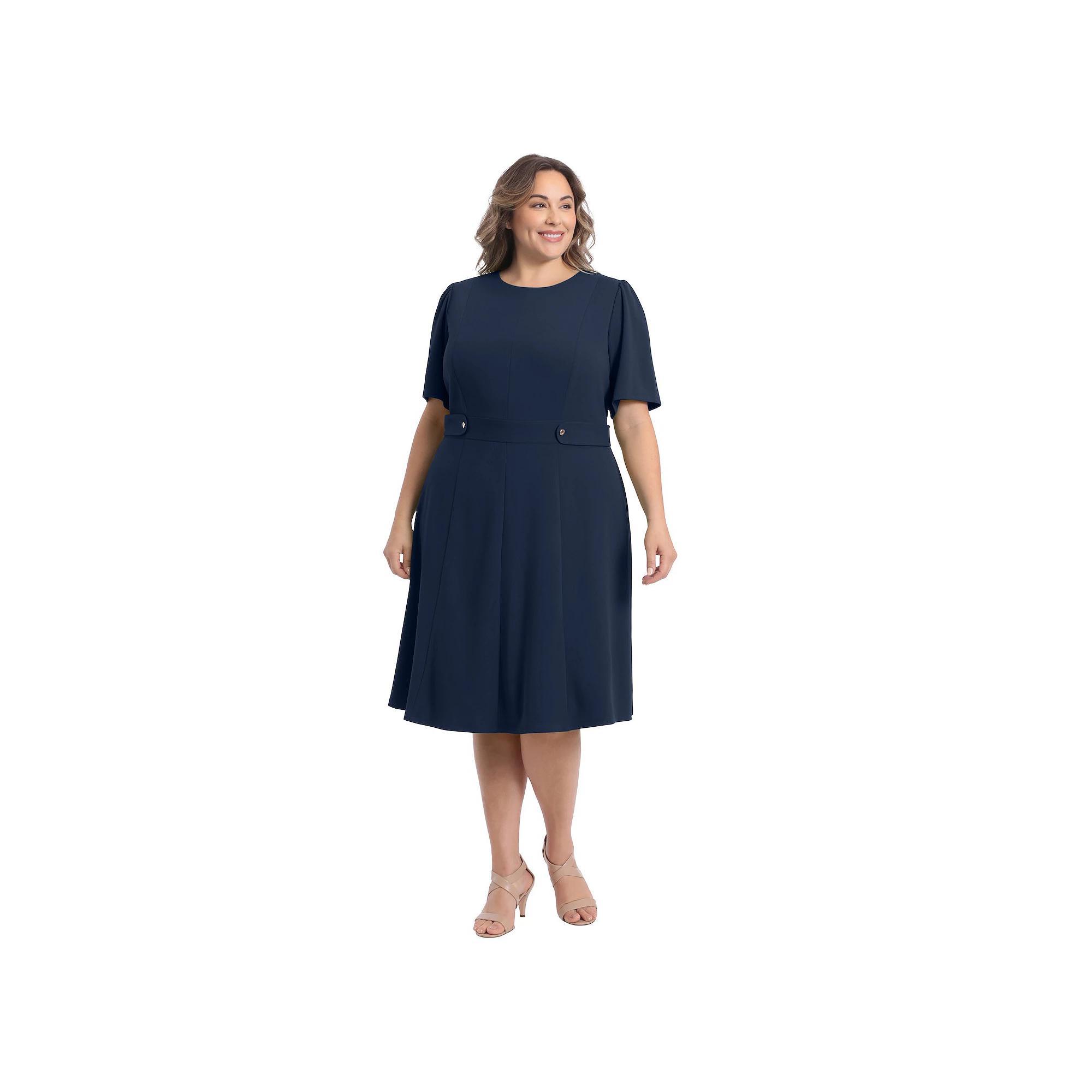 Plus Size London Times Short Sleeve Fit & Flare Midi Dress, Women's, Size: 14 W, Blue Product Image