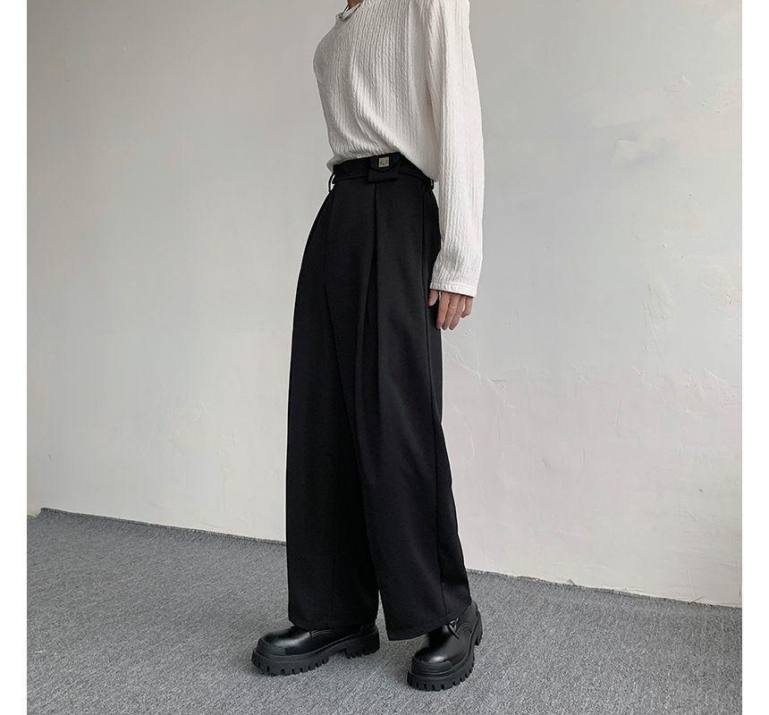 High-Waist Plain Loose Fit Dress Pants Product Image