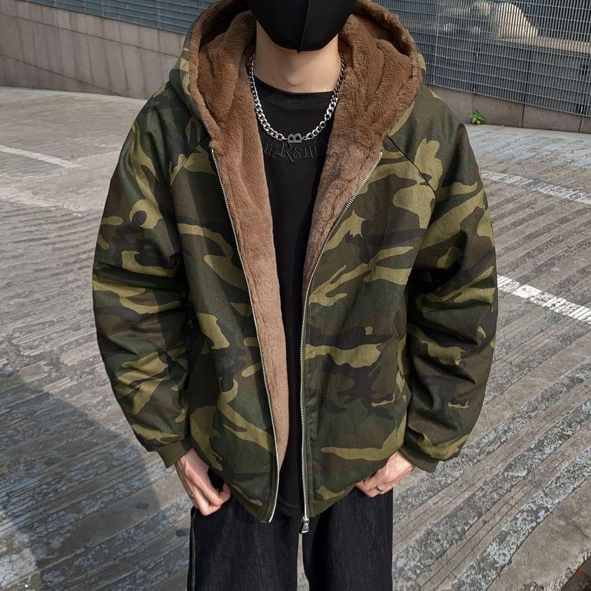 Fleece Lined Camouflage Hooded Zip-Up Jacket Product Image