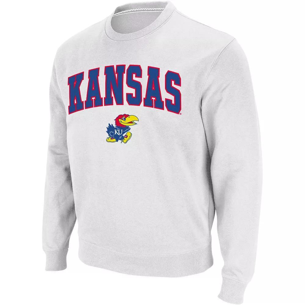Men's Colosseum White Kansas Jayhawks Arch & Logo Crew Neck Sweatshirt, Size: 2XL Product Image