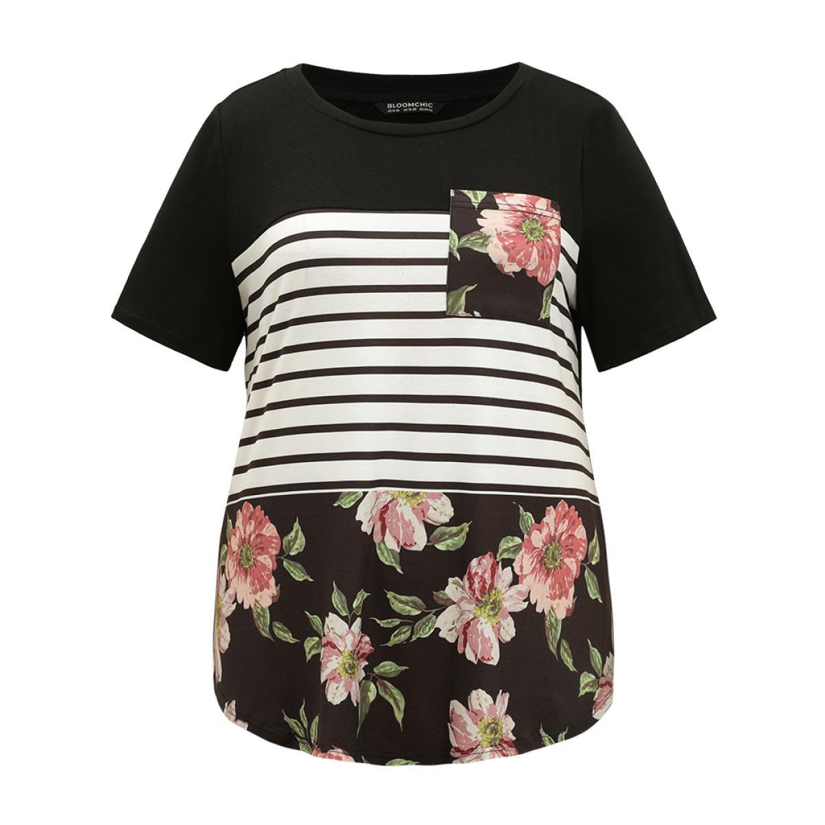 Plus Size Floral Striped Patchwork Patched Pocket T-shirt Black Women Casual Printed Striped Round Neck Dailywear T-shirts BloomChic 10/M Product Image