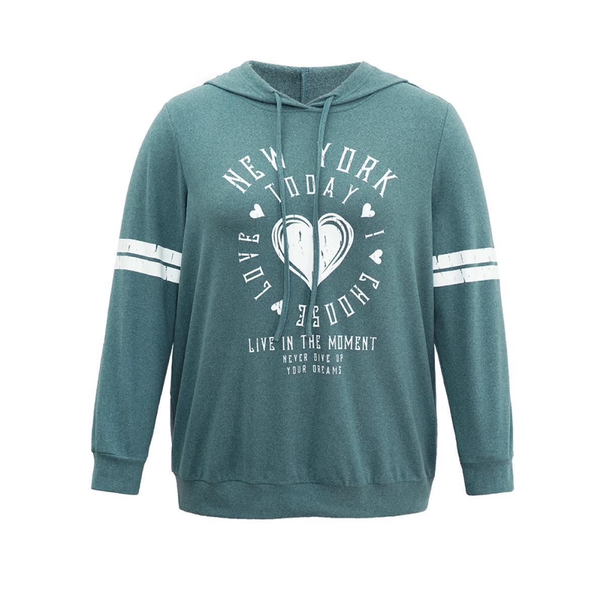 Plus Size Letter & Heart Print Hooded Drawstring Sweatshirt Women Mint Casual Thick Dailywear Sweatshirts BloomChic 26/4X Product Image